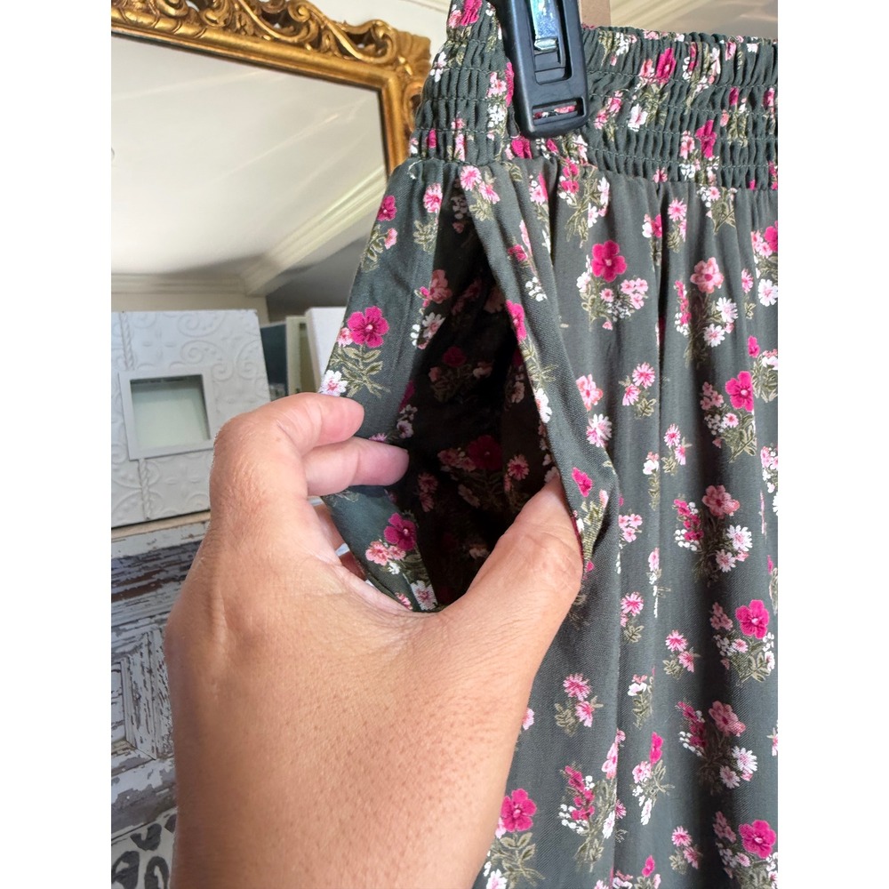 Angie Floral Wide Leg Pants Small Olive Green Pink Tiered Ruffle Boho Rayon - Picture 4 of 7